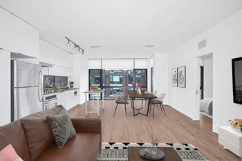 A kitchen and dining area